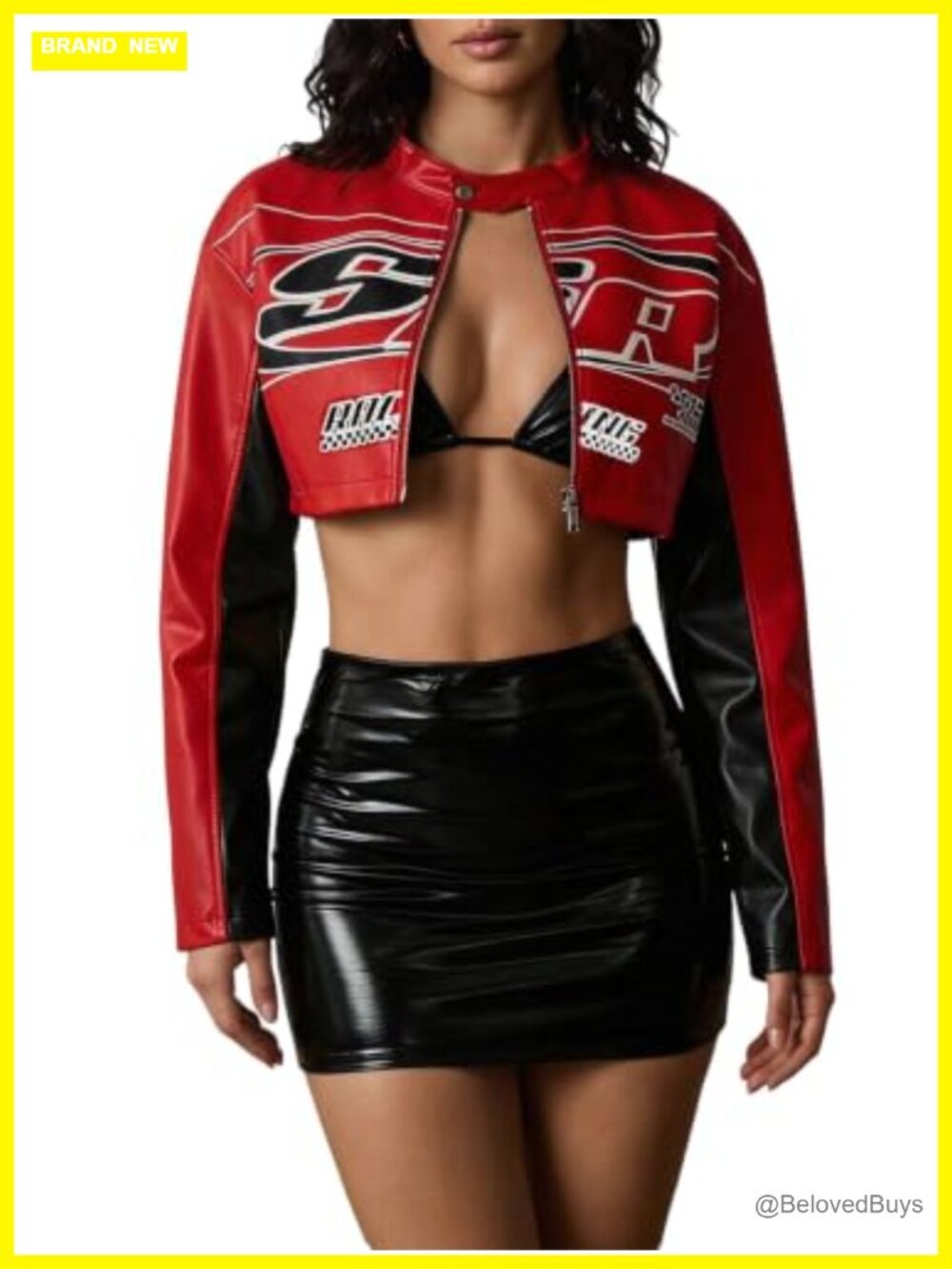Faux Leather Cropped Moto Jacket Letter Print Button Long Sleeve Womens